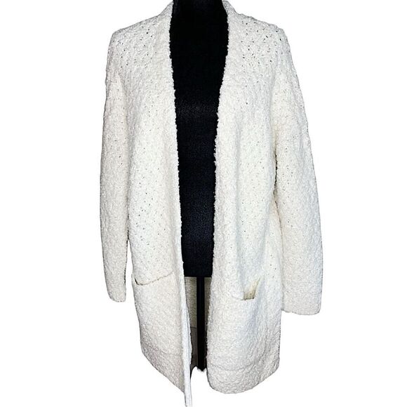 Lucky Brand Finn Ivory Fuzzy Wool Open Long Chunky Knit Cardigan Sweater Size La - Picture 1 of 6